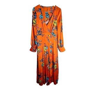 Free People Maxi Dress Sz L Orange Floral Wrap Bodice Side Button Front Boho